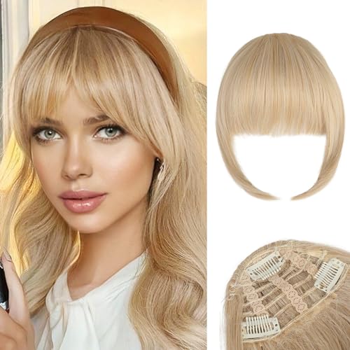 REECHO Clip in Bangs, 3 Secure Clips in Blunt Cut Bangs, Synthetic Fake Bangs Thick Full Fringe with Temples Hairpieces for Women Daily Wear - Medium Blonde