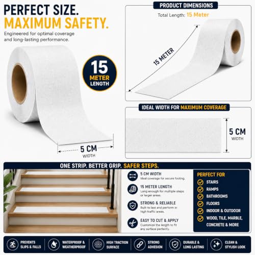 Image of YORWE Anti Slip Stair Tape with Glow in the Dark Strip - Heavy Duty Waterproof Non Slip Traction Tape for Stairs, Steps, Outdoor & Indoor Safety (White, 15 Meter)