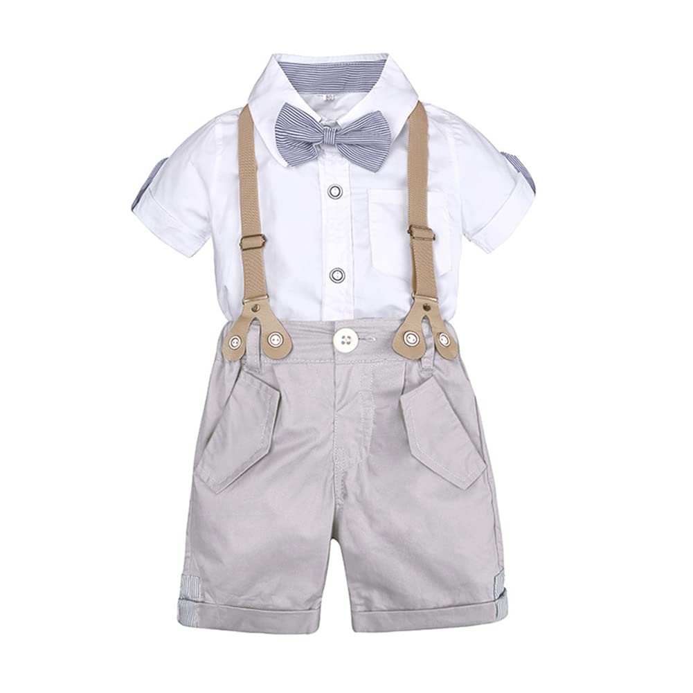 IBTOM CASTLE Baptism Christening Outfits for Infant Baby Boys Bow Ties Shirt Suspender Shorts Set - Gentleman Wedding Tuxedo Formal Suit White + Gray 3-4 Years