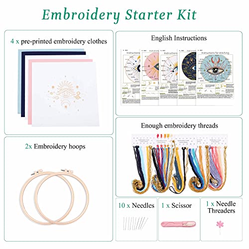 Harimau 5Pcs Beginner Embroidery Kit,Eye Pattern,Cross Stitch Kits, Including Stamped Embroidery Cloth With 2 Embroidery Hoops, Multicolor Color Threads For Embroidery Kit #TOP1