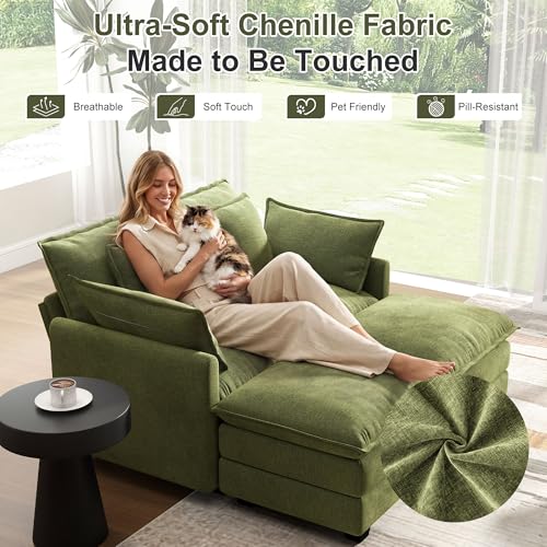 Image of 58 inch Cloud Couch Sectional Modular Sofa, Deep Seat Couches with Ottoman and Removable Washable Pillows for Living Room, Bedroom, Apartment, Green