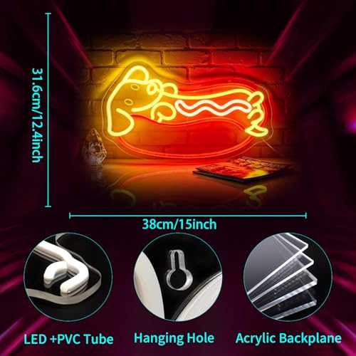 Image of Neon Sign, JGHTURIE Hotdog Dimmable Neon Signs for Wall Decor, Cute Funny Animal Led Dog Light up Led Sign for Room, Kitchen, Shop, Bar, Birthday, Party & Home Decor - USB Powered