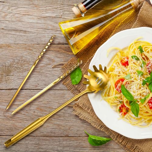 Image of Patelai Stainless Steel Spaghetti Spoon and Pasta Tongs Set, Long Handle Noodle Server Tools with Drain Holes, Non-slip Grip for Cooking, Serving Pasta and Noodles