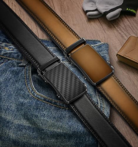 Image of KEMISANT Men Belt 2 Pack, Leather Ratchet Belt Easy Click Slide For Men 1 3 /8 inch,Cut for Fit