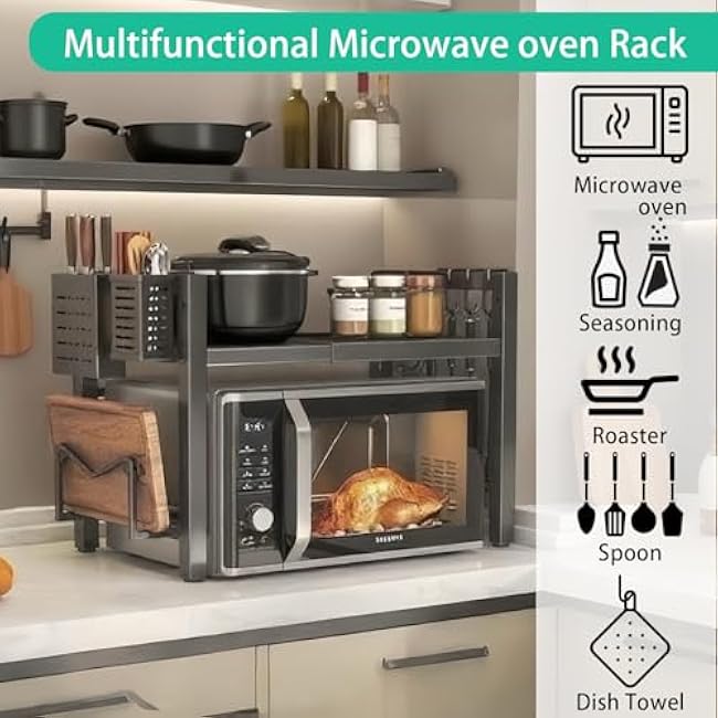 Adjustable Microwave Oven Rack, Microwave Stand Shelf Heavy Duty 2-Tier Shelf with Cutting Boards Stand Knife Rack and Chopstick Holder for Kitchen Shelves Counter Top Organizer, Holds 55lbs,6 Hooks