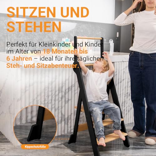 COSYLAND Lernturm ab 1 Jahr – Learning Tower 2-Fach höhenverstellbar & klappbar – Lernstuhl in Schwarz/Natur für Kinder – Montessori Stehturm aus Bambus – sicherer Tritthocker mit Kippschutz