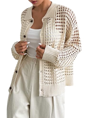 QWINEE Women's Crochet Cardigan Sweater Lightweight Cardigan Hollow Out Sweater Long Sleeve Button Down Knit Top2