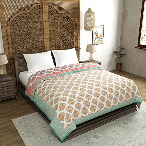 Image of BLOCKS OF INDIA Hand Block Printed Cotton King Size Quilt /Rajai (90 Inch X 108 Inch, Turquoise Motifs), Skin Friendly, 300 TC