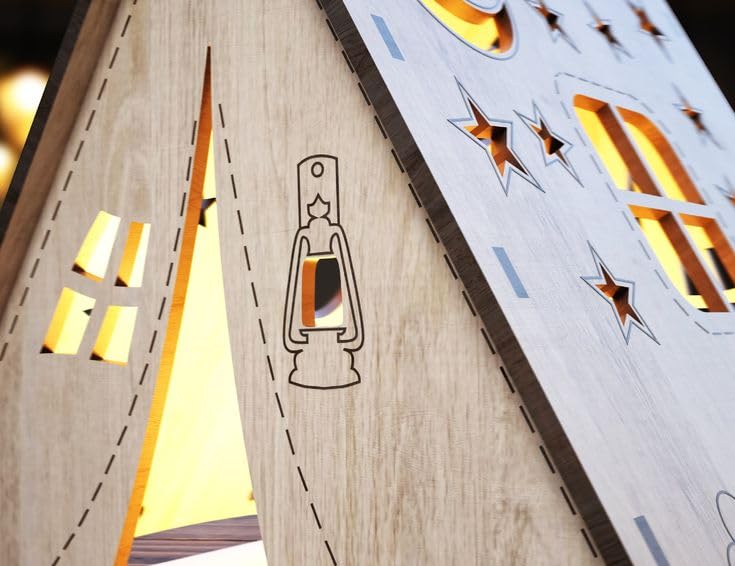Image of Quace Wooden Tent Shape Night Light Lamp Laser Cutting Camping Tent Home Night Light