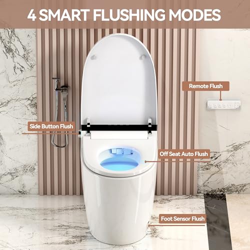 Inodoro inteligente con asiento bidé calefactable, tapa automática, cerámica blanca, agua tibia instantánea, secador, control remoto, pantalla LED, luz nocturna y múltiples modos de descarga miniatura 7