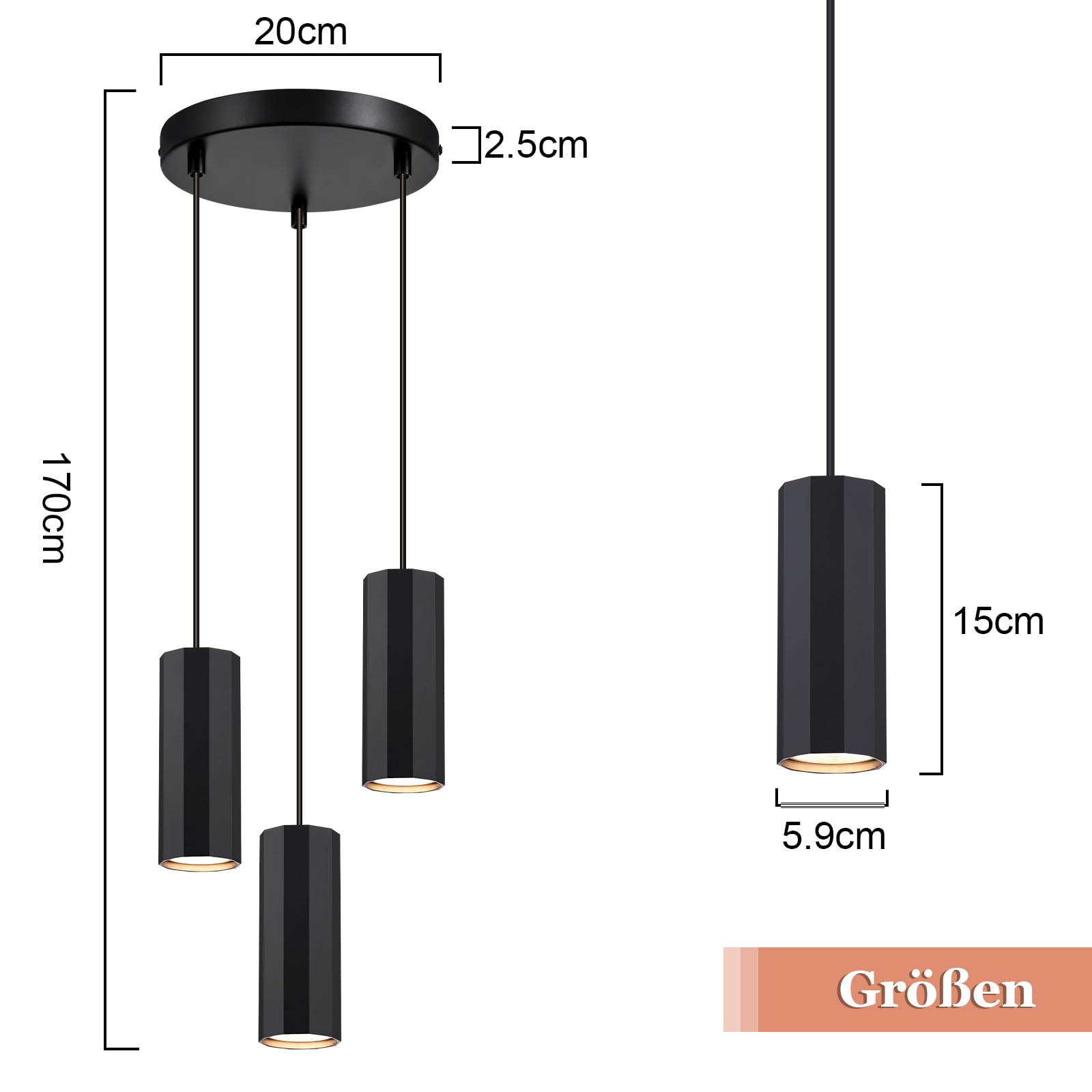 Glitzerlife Pendelleuchte Schwarz 3 Flammig Esstisch - Hängelampe GU10 Hängeleuchte Küche Hänged Esszimmerlampe Metall Höhenverstellbar pendellampe für Innen Esszimmer Schlafzimmer Wohnzimmer