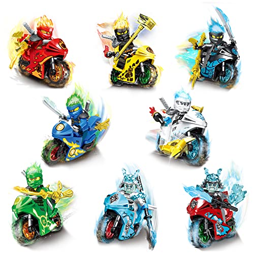 Blocs de Construction Ninjago, 8 Pièce Briques Figurines Jouets, Mini Figurine Ensemble, Ninjago Série Assemblé Blocs de Construction Figurines, Moto Blocs de Construction Jouets Cadeaux pour Enfants Cover