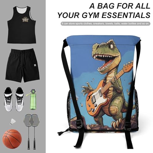 Drawstring Gym Backpack with Shoe Compartment And Wet Pocket, 28L Lightweight Waterproof Dinosaur Playing Guitar Sports Backpack for Workout Swim Beach Travel String Bag for Men Women3