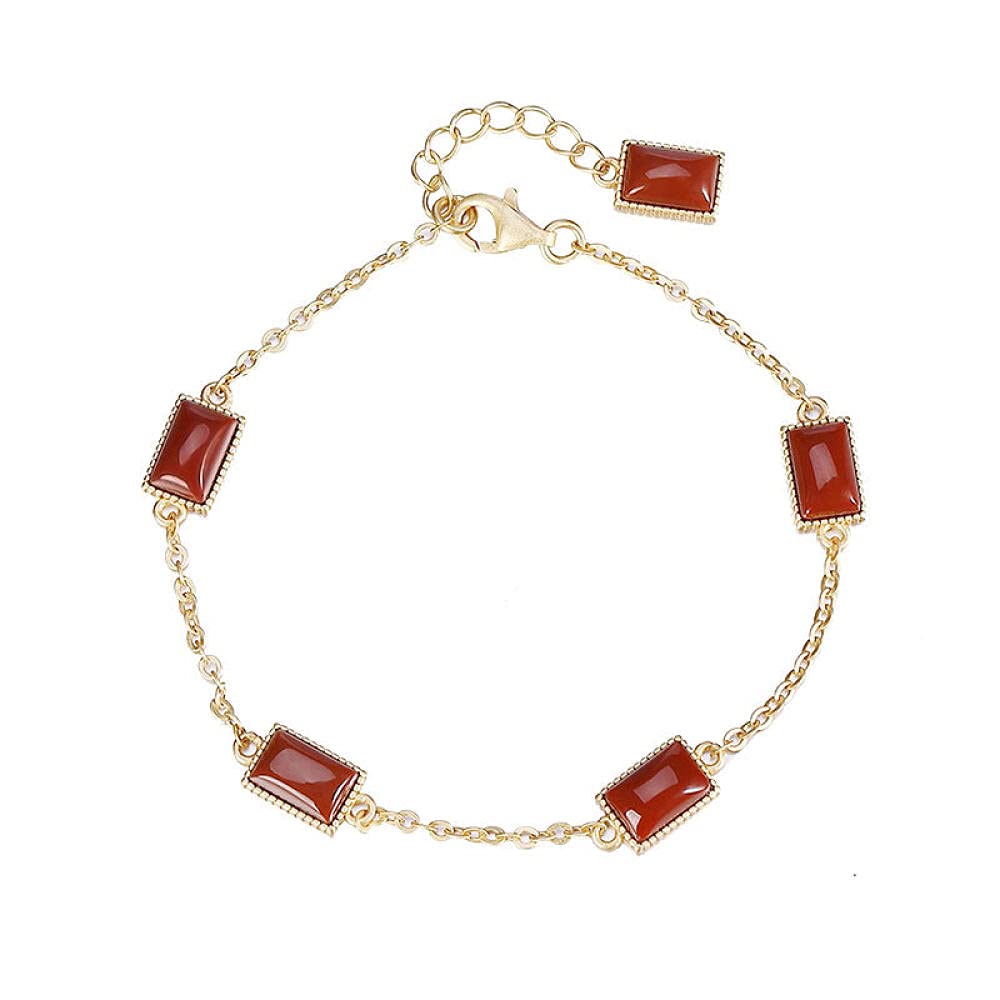 Girls Accessories Bracciale in Argento Sterling 925 Vintage per Donna Semplice Placcato in Oro Agata Rossa Geometria Gioielli Classici Fascino Spiaggia Estiva Birthday Gift