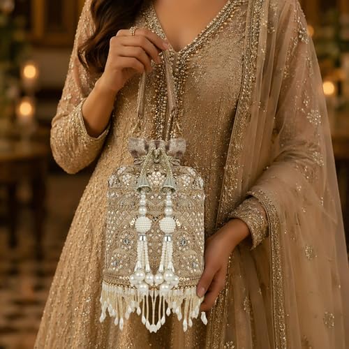 Image of Nevis Silk Fabric Designe Embroidered Potli Bag with Pearl Tassels & Beaded Strap | Bridal Ethnic Drawstring Clutch for Wedding