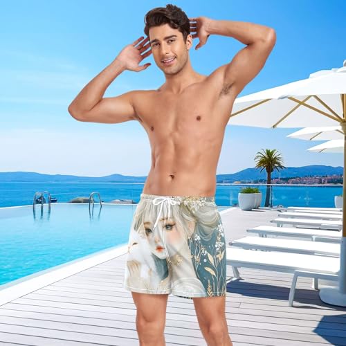 Woman Cat Abstract Leaf Mens Swim Trunks with Liner, Cool Quick Dry Beach Swim Shorts, Swimwear Bathing Suits S4