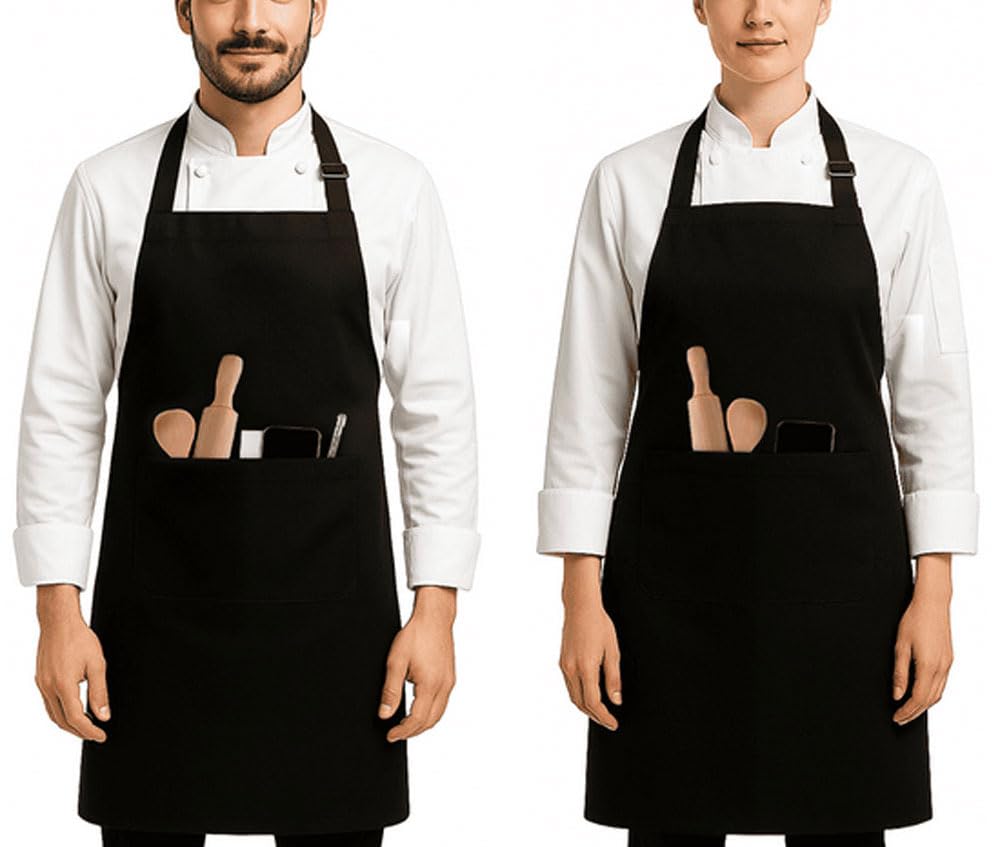 MFAZ Morefaz Ltd 2 or 1 Pack Black Cotton Kitchen Apron with Pocket – Adjustable Chef Apron for Men & Women, Durable 240 GSM Cooking Apron for Kitchen, BBQ, Restaurant (2)