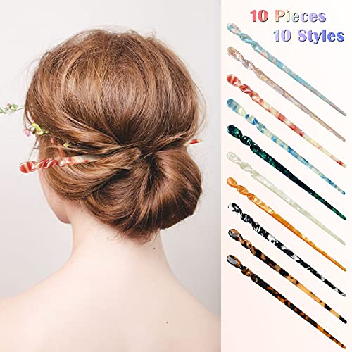 10 Pieces Acetate Hair Sticks Styling Hair Vintage Leopard Print Tortoise Shell Hairpin Chopsticks Hairpins Disk Hair Sticks Hair Accessories With Flannelette Bag For Women Girls (Vibrant Pattern) #TOP1