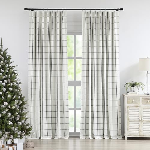 Vision Home Black Plaid Linen Pinch Pleated Full Blackout Curtains 40x108x2 - image 8