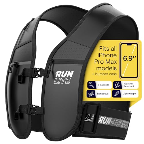 Running Vest with Waterproof Phone Holder, Reflective Straps, Adjustable Waistband, 5 Pockets, Water Bottle Holder - Unisex M/L (84–112 cm)