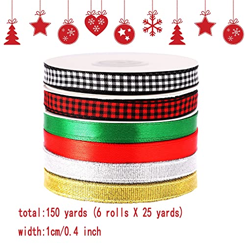 6 Rolls 150 Yards Christmas Wrapping Ribbon Glitter Fabric Holiday Festival Satin Plaid Ribbons For Gift Wrapping Decoration Floral Bows Craft… #TOP1