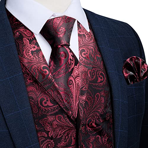 Dibangu Men's Red Paisley Dress Vest And Tie And Pretied Bowtie Set With Lapel Pin Pocket Square Cufflinks Silk Black And Burgundy Suit Waistcoat For Suit Or Tuxedo Wedding Party #TOP1