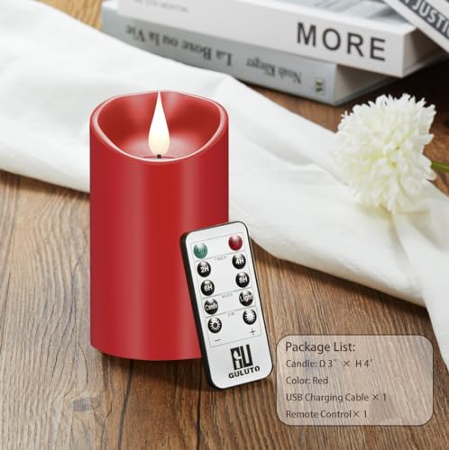 Image of Rechargeable Flameless Candles, Battery Operated Candles with Remote and Timers, Flickering LED Pillar Real Wax Red USB Candle 3D Wick for Home, Wedding, Halloween, Christmas 3 inch x 4 inch