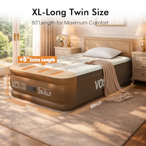 Image of VOSSER Twin XL Air Mattress with Built-in Pump, 18 inch Raised 80 inch Extra Long Inflatable Blow Up Mattress, Flocked Top Single Air Bed for Home, Guests & Camping, Thick Twin Size Air Mattress