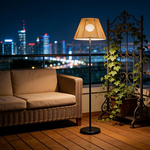 LEOKED 46 Solar Outdoor Floor Lamps for Patio Decor Rattan Wicker Lights Hand Woven Lamp Stable Metal Lanterns Outdoor Waterproof Ideal for Gardens Yards Pathways Driveways and Porches