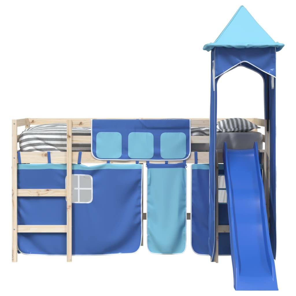 Cortinas para cama alta con torre azul de poliéster, accesorios de cama para habitación infantil, juego de 7 piezas con bolsillos, alzapaños y tubos de metal para somier, zona de juegos y
