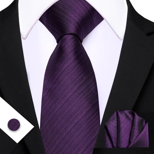 Image of Barry.Wang Plain Men Silk Ties Extra Long Satin Necktie for Wedding Business Handkerchief Cufflinks Set Solid Colors