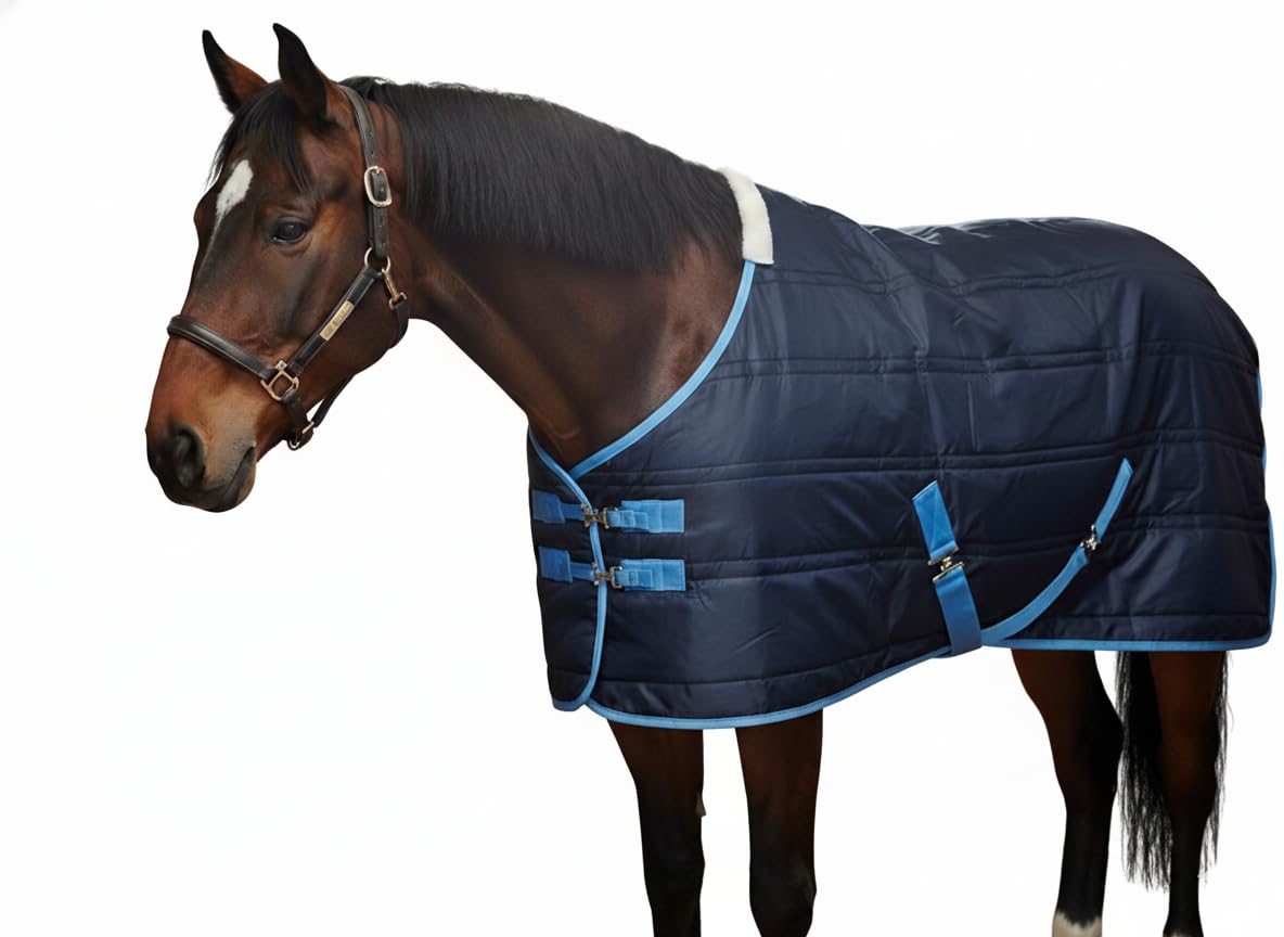 IV Horse Stable Rug, Navy Blue with Light Blue Trim, 200g Fill (7'0'')