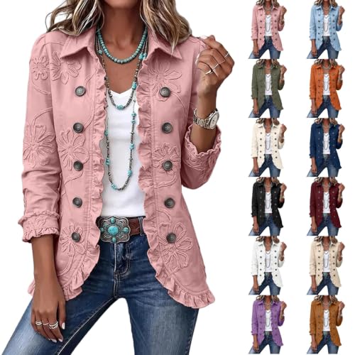 Womens Jackets Casual Long Cardigan Ruffle Trim Button Down Lapel Jacket - image 1