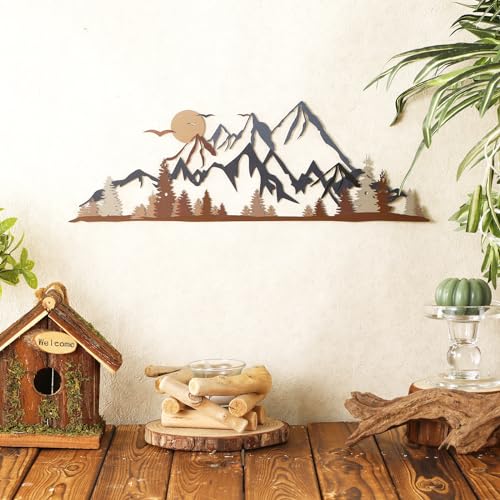 Demissle Metal Mountain Wall Art Blue Ridge Mountain Wall Decor Nature Forest Tree Sticker 15.7 x 5.3 Inch Summit Rustic Sign Scene Art Decor for Home Living Room Bedroom Indoor Outdoor(Colorful)