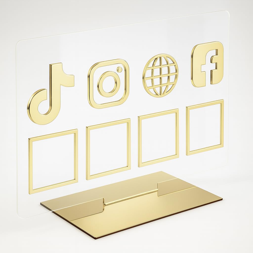 Amar Clear And Gold Qr Code Stand For Small Businesses Customisable Clear Acrylic Display With 5 Symbols (Website, Google, Instagram, Tiktok, Facebook) – 30Cm X 20Cm – Self-Adhesive Gold Mirror Base