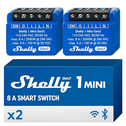 Shelly 1 Mini Gen3, Relé Interruptor Inalámbrico con contactos secos, Wi-Fi y Bluetooth, 1 Canal - 8A, Control remoto de luces, Alexa y Google Home, app iOS Android, No requiere hub (paquete de 2)