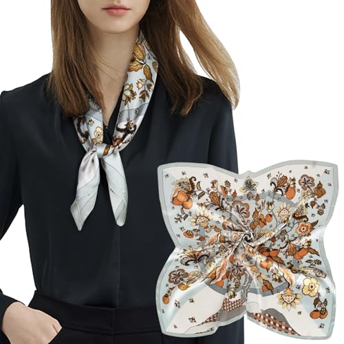 EXTREE Silk Feeling Scarf Medium Square Satin Head Scarf Sleeping Hair Wrapping for Women 27.5 × 27.5 inches Beige Flowers