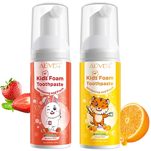 2 Pack Kids Foam Toothpaste, Kids Anti Cavity Fluoride Toothpaste, Toddler Toothpaste Strawberry And Orange Flavor Set, Kids Teeth Mousse Toothpaste For Ages 3 Up #TOP4