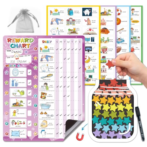 Image of JJPRO Magnetic Reward Chart for Kids with Reward Jar- Behavior Reward Chart System, Toddlers Daily Routine,Visual Schedule Board,96 Reusable Stickers& 45 Star Tokens to Motivate Responsibility