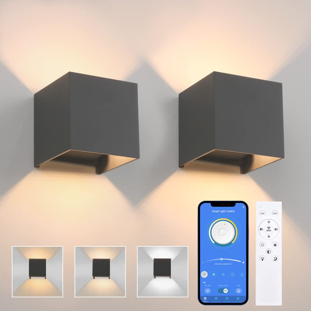 K-Bright Lampada da parete intelligente a 2 pezzi, applique LED dimmerabili, Illuminazione da parete 3000K-6000K con telecomando, angolo del fascio regolabile IP65 per interni/esterni, grigio scuro