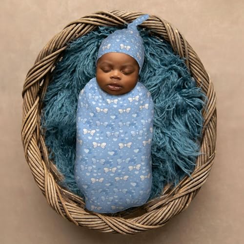 Image of Light Blue Bows and Hearts Newborn Swaddle Blankets Hat Sets Soft Baby Receiving Blanket Swaddle Sack for Baby Shower Infant Boy Girl Gift
