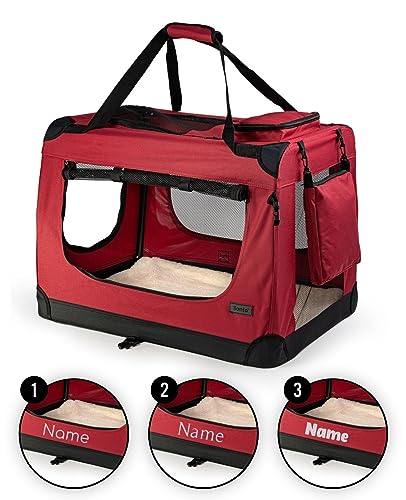 lionto Hundetransportbox faltbar für Reise & Auto, 50x34x36 cm, stabile Transportbox mit Griffen & Decke für Katzen & Hunde bis 10 kg, Hundebox aus Stoff für klein & groß, dunkelrot (Namensaufdruck)