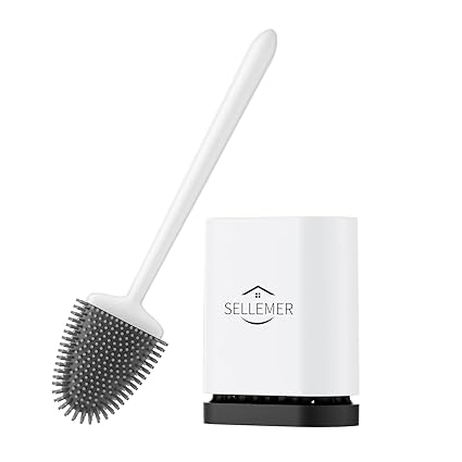 Sellemer Toilet Brush and Holder Set, Toilet Bowl Brush Carrying Solid Anti-Rust Handle, Upgraded Flat Design, Good Toughness, Brush Head Can Be Bent Freel, Easy to Clean and Clean Without Dead Ends
