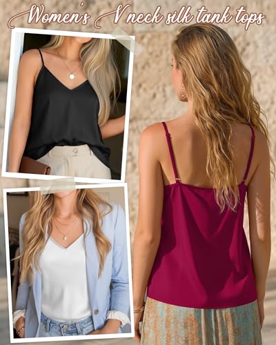 Image of 3 Pack Women's Silk Satin Camisoles V Neck Tank Tops | 95% Polyester, 5% Spandex, Adjustable Spaghetti Strap, Loose Blouse, Daily Wear, Sleeveless, Classic V Neck