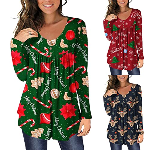 Masrin-Weihnachtsbluse-Damen-Oberteile-mit-Schneeflocken-Print-Tunika-Tops-mit-O-Ausschnitt-und-Langen-Aermeln-Plissierter-Pullover-mit-unregelmaessigem-Saum-Knopfdekor-Slim-T-Shirt-Herbst-Langarmshir