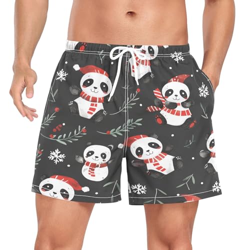 Xmas Panda Spruce Branch Men's Swim Trunks with Liner Quick Dry Beach Shorts Swimwear Bathing Suit S-XXL