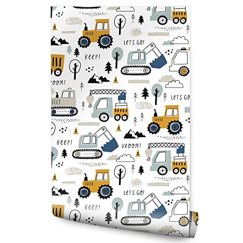 Muralo Vlies Tapete für Jungen Lastkraftwagen Bagger Kräne Traktor Transport Bäume Wolken Berge Himmel Skandinavischer Stil Wand Tapete 1000 x 53cm Kinderzimmer Spielzimmer Moderne Wanddeko Cover