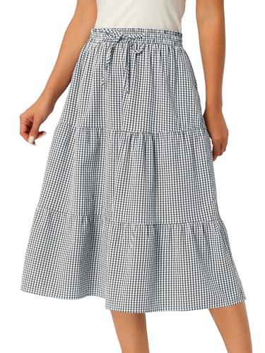 Seta T Women's Gingham Skirt Summer Casual Drawstring Waist Tiered Plaid A-Line Midi Skirts with Pockets X-Large Black