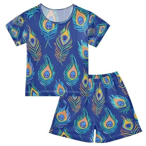senya Short Sleeve Pajamas Sets Summer Cotton Sleepwear Peacock Feathers Blue Background