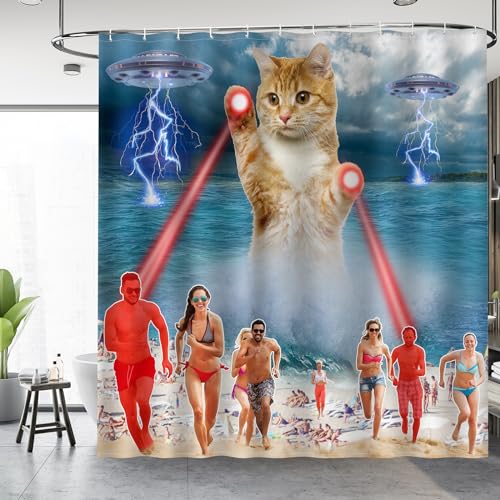 Image of Aimego Extra Long Shower Curtain - Funny Cute Cool Ocean Cat with Weird Adults Beach UFO Fun Fabric Cloth Bath Shower Curtain Set with 12 Hooks for Bathroom Decor Accessories Bathtub Curtain, 72 inchx84 inch